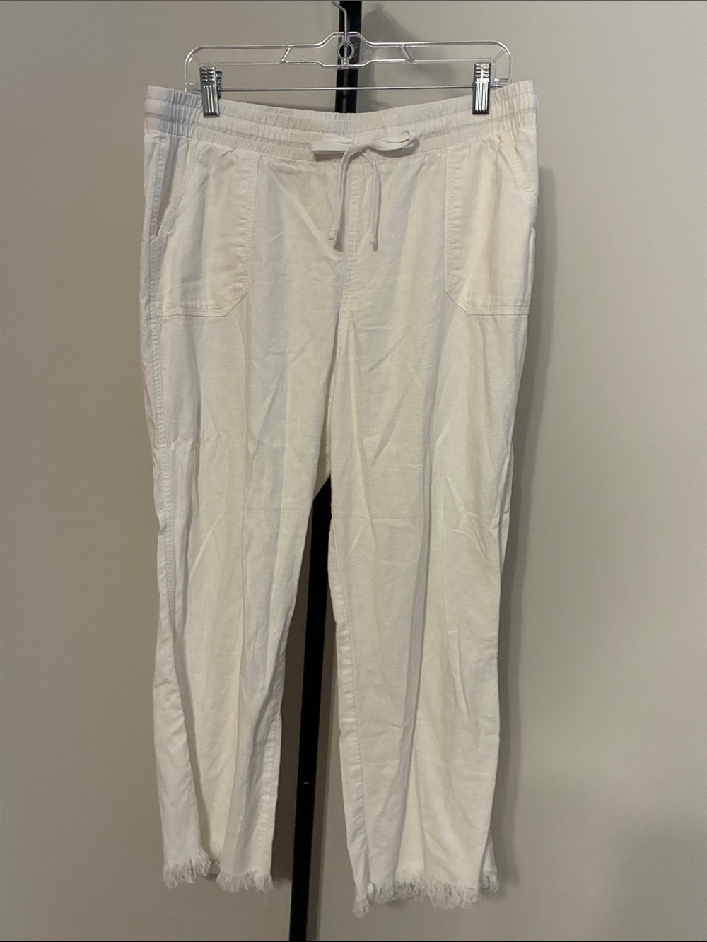 Cato Women’s White Drawstring Cropped Linen-Blend Pants Pockets Raw Hem Large